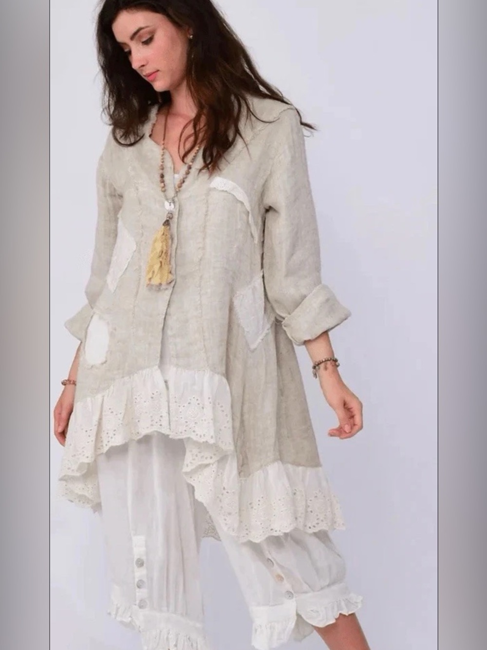Paper Lace Women’s 100% Linen Beige Bohemian Lagenlook Button Up Jacket Size M - Picture 16 of 16